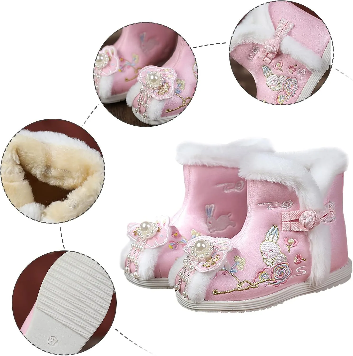 1 Pair Girls Hanfu Shoes Chinese Embroidered Flower Flat Retro Ethnic Slope- Heel Shoes Vintage Floral Silk Shoes