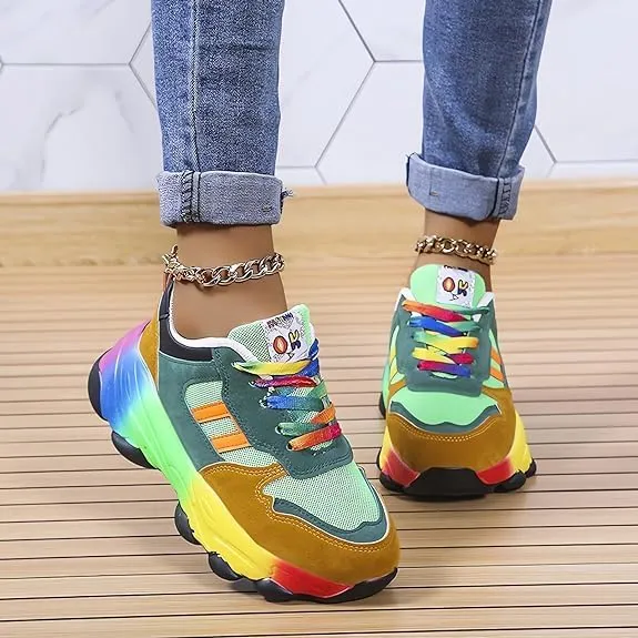 2023 New Orthopedic Shoes Rainbow Sneakers - Slip On Air Cushion Walking Shoes with Arch Support, Lace Up Breathable Platform Walking Shoes, Women Non-Slip Stretch Casual Sneakers (8.5, Green)