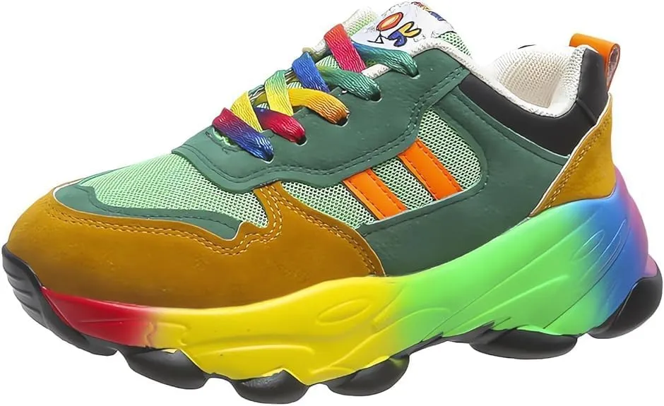2023 New Orthopedic Shoes Rainbow Sneakers - Slip On Air Cushion Walking Shoes with Arch Support, Lace Up Breathable Platform Walking Shoes, Women Non-Slip Stretch Casual Sneakers (8.5, Green)