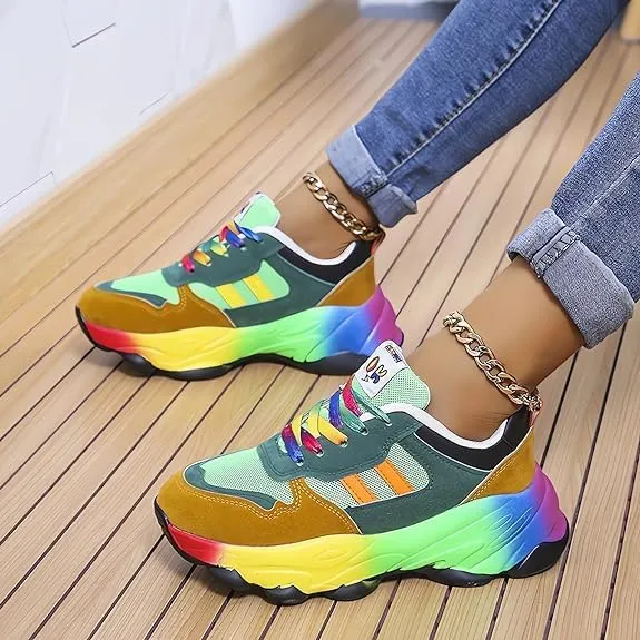 2023 New Orthopedic Shoes Rainbow Sneakers - Slip On Air Cushion Walking Shoes with Arch Support, Lace Up Breathable Platform Walking Shoes, Women Non-Slip Stretch Casual Sneakers (8.5, Green)