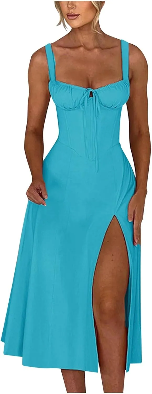 2024 Women Floral Lace Up Corset Midi Dress, Summer Boho Square Neck Flowy Fitted Dress Slit Bustier Sundress