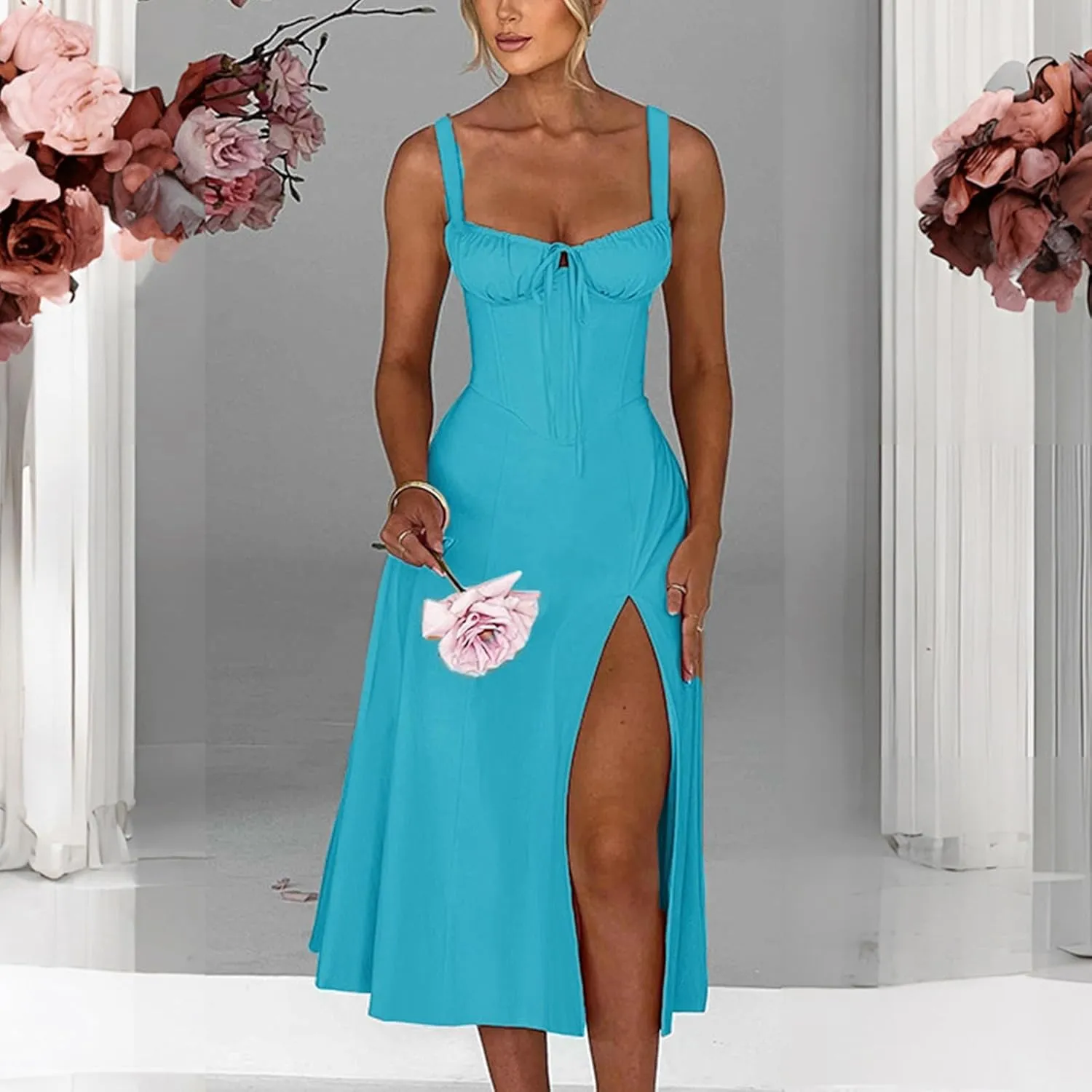 2024 Women Floral Lace Up Corset Midi Dress, Summer Boho Square Neck Flowy Fitted Dress Slit Bustier Sundress