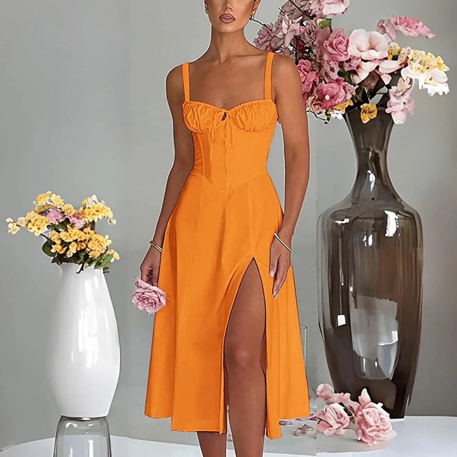 2024 Women Floral Lace Up Corset Midi Dress, Summer Boho Square Neck Flowy Fitted Dress Slit Bustier Sundress