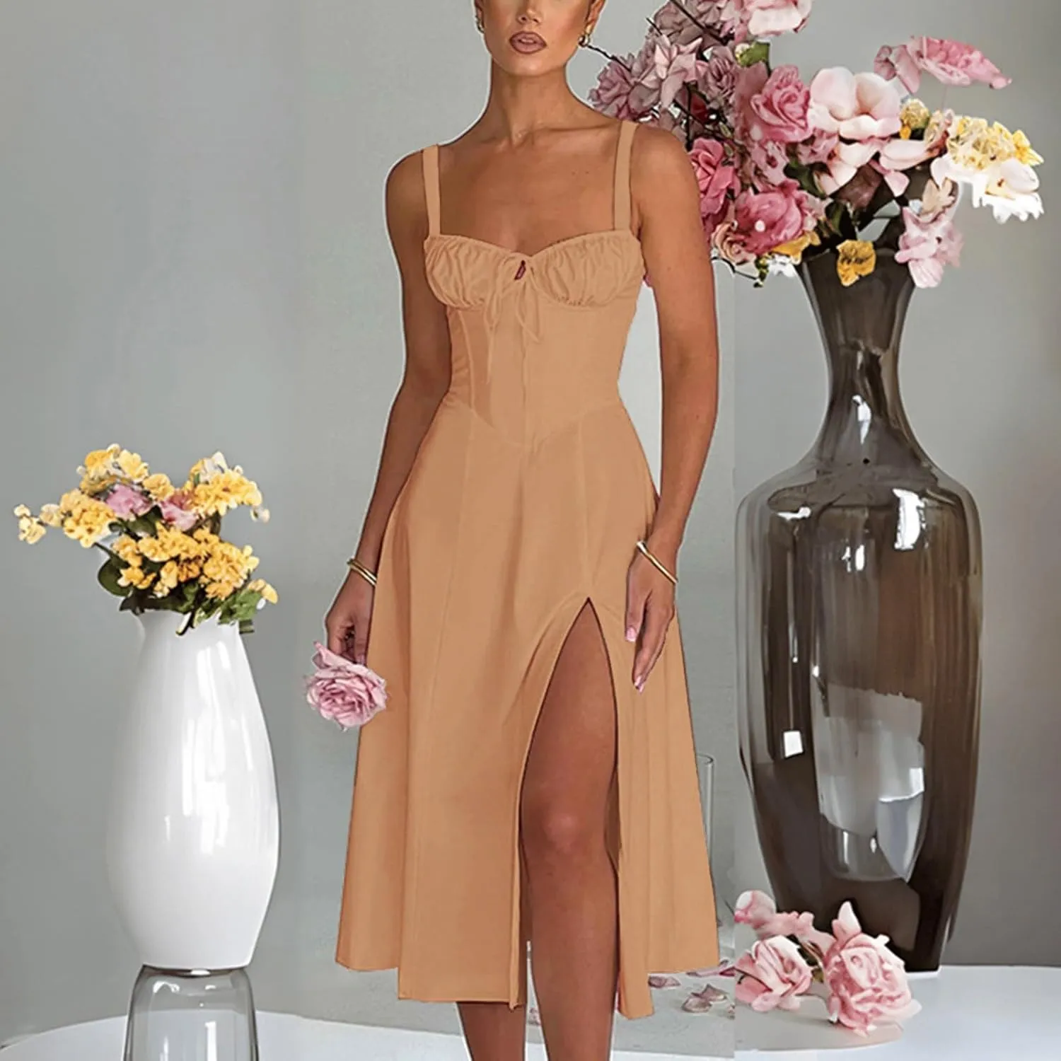 2024 Women Floral Lace Up Corset Midi Dress, Summer Boho Square Neck Flowy Fitted Dress Slit Bustier Sundress