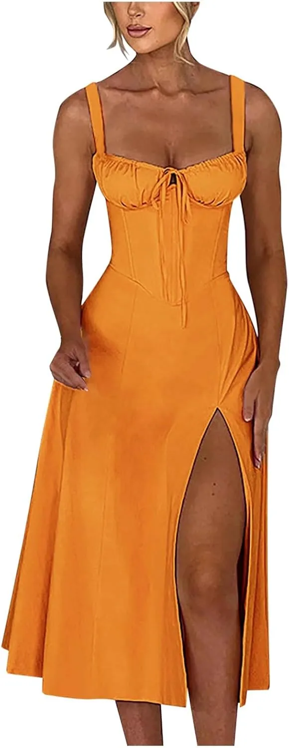 2024 Women Floral Lace Up Corset Midi Dress, Summer Boho Square Neck Flowy Fitted Dress Slit Bustier Sundress