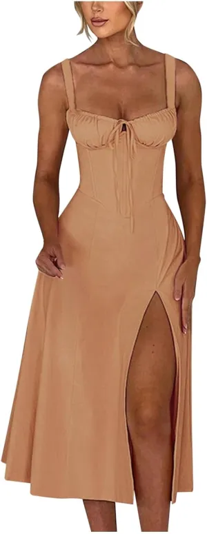 2024 Women Floral Lace Up Corset Midi Dress, Summer Boho Square Neck Flowy Fitted Dress Slit Bustier Sundress