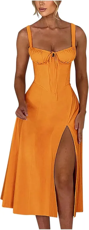 2024 Women Floral Lace Up Corset Midi Dress, Summer Boho Square Neck Flowy Fitted Dress Slit Bustier Sundress
