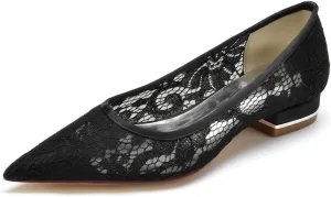 2.5Cm Women Comfort Flat Applique Satin Lace Pointy Toe Prom Evening Party Dress Shoes Slip on Closed Toe Flats,Black,6 US
