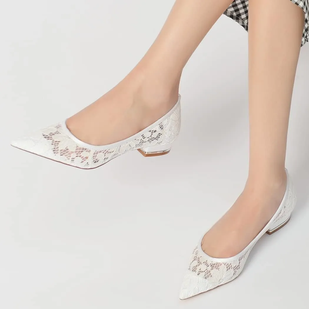 2.5Cm Women Comfort Flat Applique Satin Lace Pointy Toe Prom Evening Party Dress Shoes Slip on Closed Toe Flats,Black,6 US