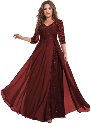 3/4 Sleeve Mother of The Bride Dresses for Wedding V Neck Lace Chiffon Sequin A Line Long Formal Evening Gown