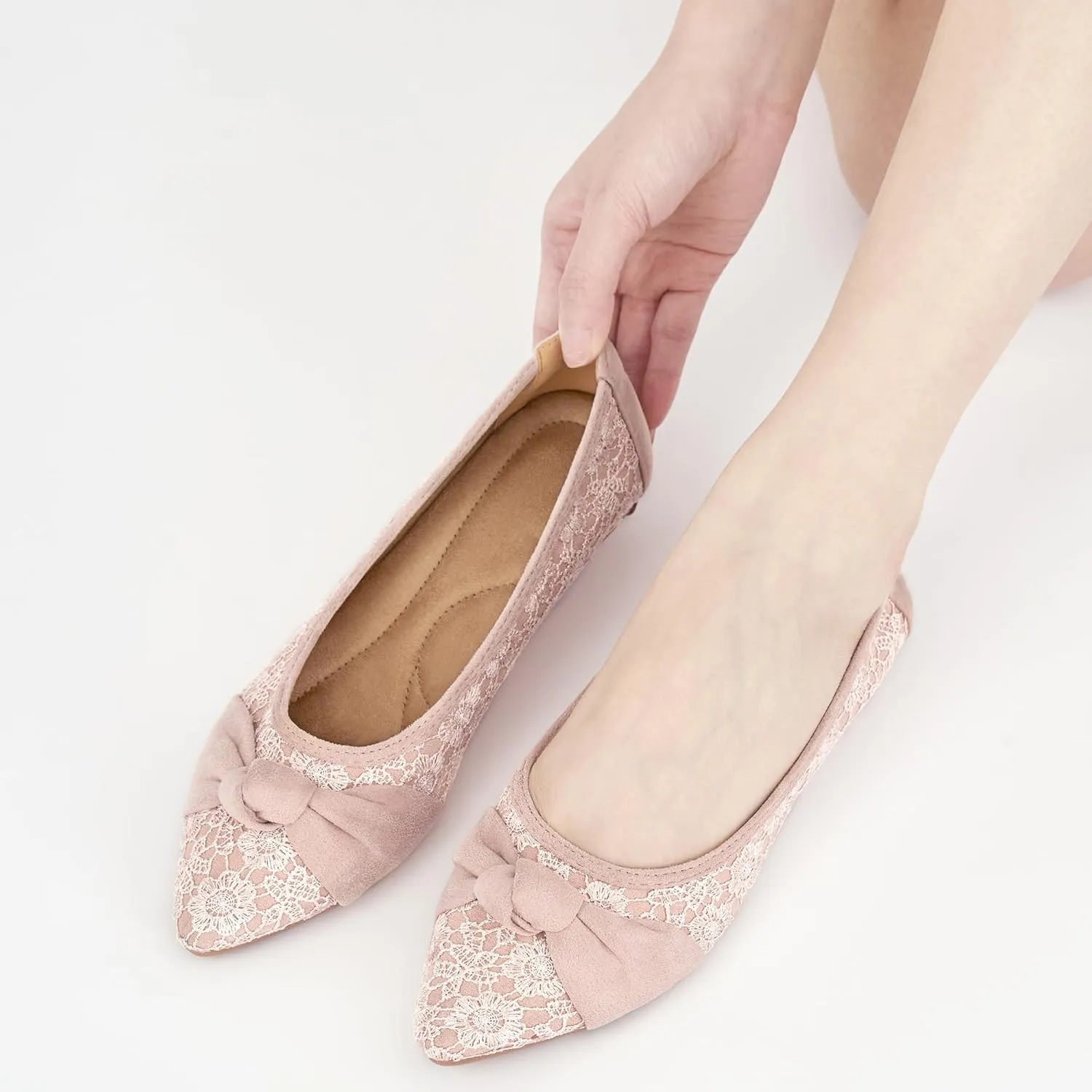 Ablanczoom Dress Shoes for Womens Flats: Dressy Comfortable Pointed Toe Bow Lace Mesh Ballet Flat Wedding Bridal Shoe for Women