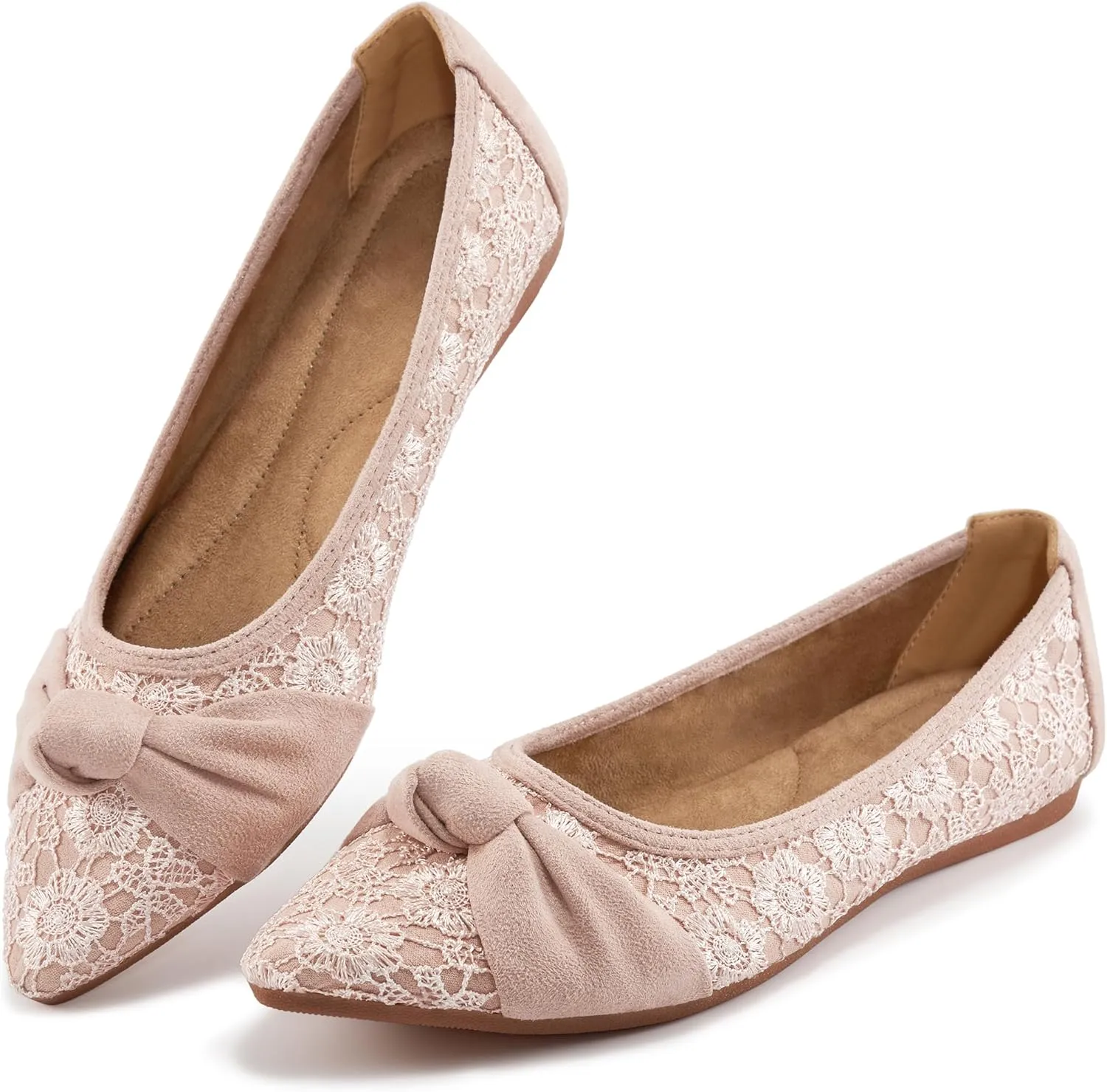 Ablanczoom Dress Shoes for Womens Flats: Dressy Comfortable Pointed Toe Bow Lace Mesh Ballet Flat Wedding Bridal Shoe for Women