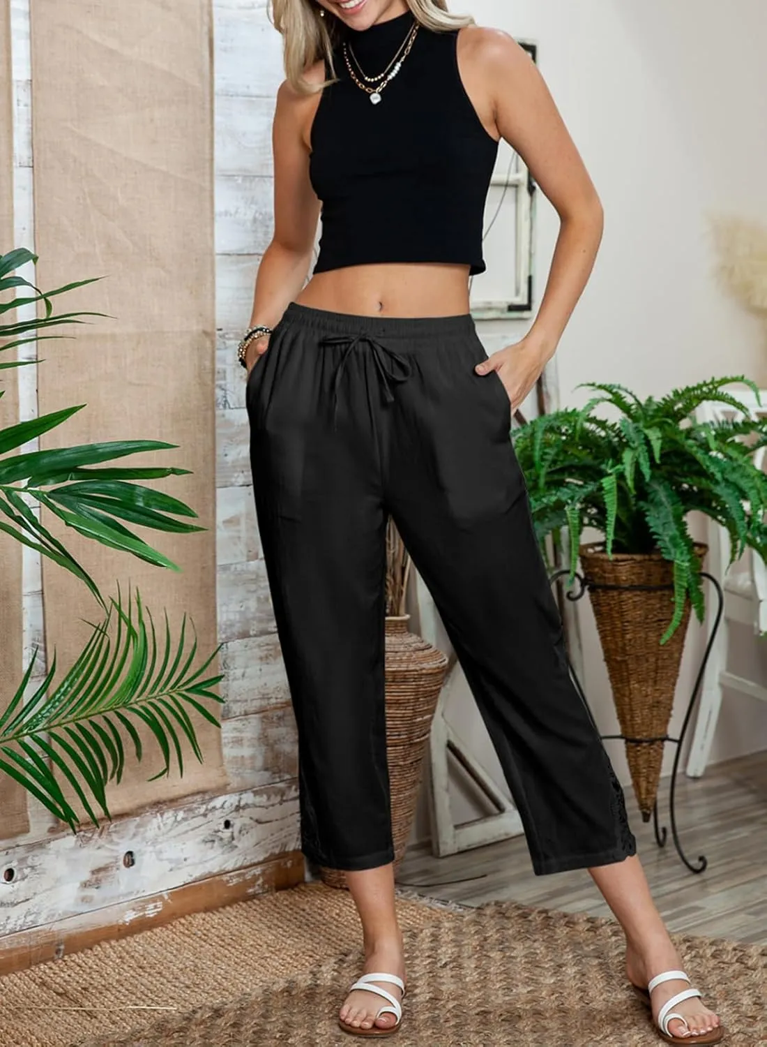 Acelitt Women Casual Lightweight Drawstring Elastic Waist Pants with Pockets, S-XXL