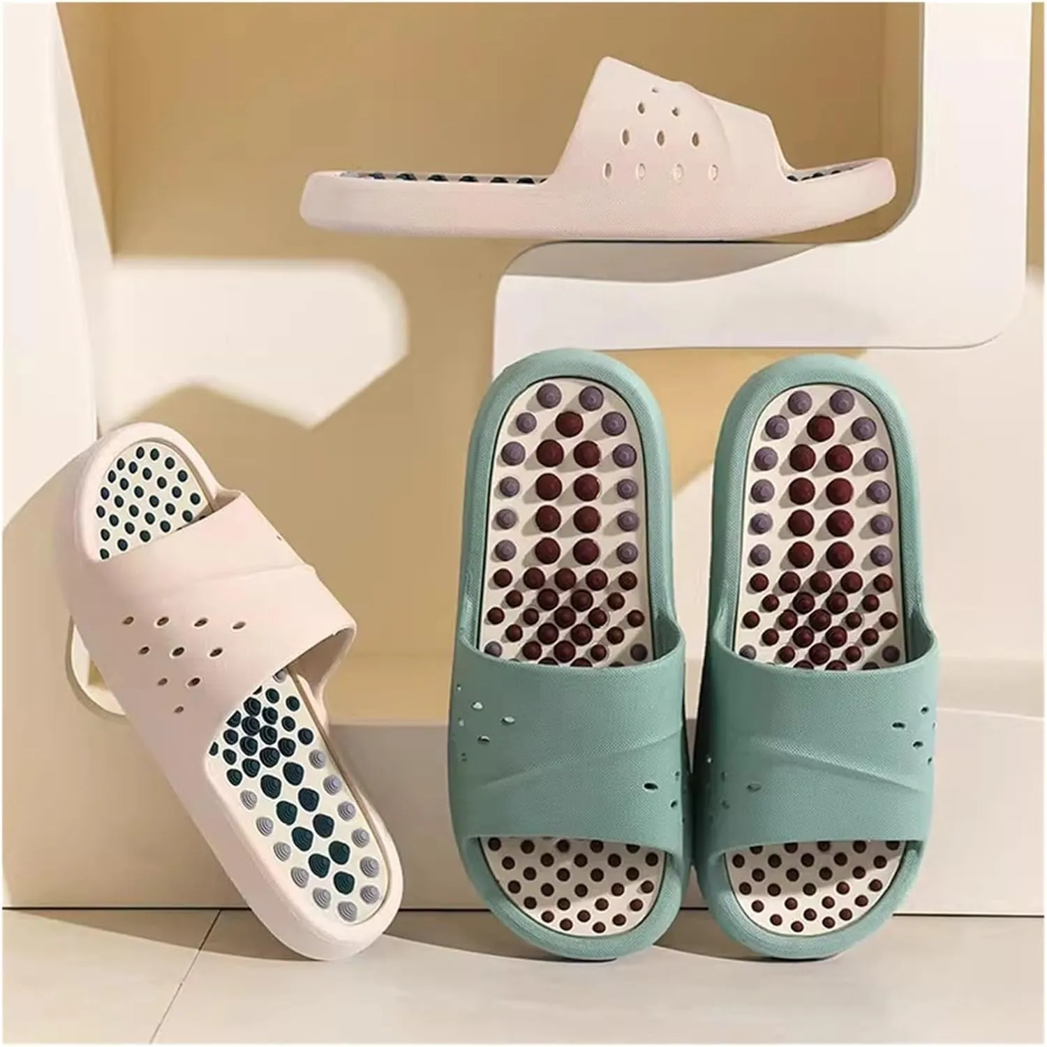 Acupressure Slippers for Women Indoor, Sandals Open Toe Shower Shoes Foot Acupressure Slippers for Men House Bath Relief Plantar Fasciitis -Promote Circulation(Green,EUR38-39)