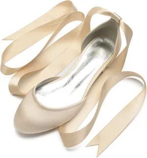 ADMLZQQ Ballet Flats Women Satin Comfortable Closed Toe Ribbon Tie Flats Shoes for Bride Round Toe Prom Evening Bridal Party Dress Flats