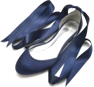 ADMLZQQ Ballet Flats Women Satin Comfortable Closed Toe Ribbon Tie Flats Shoes for Bride Round Toe Prom Evening Bridal Party Dress Flats