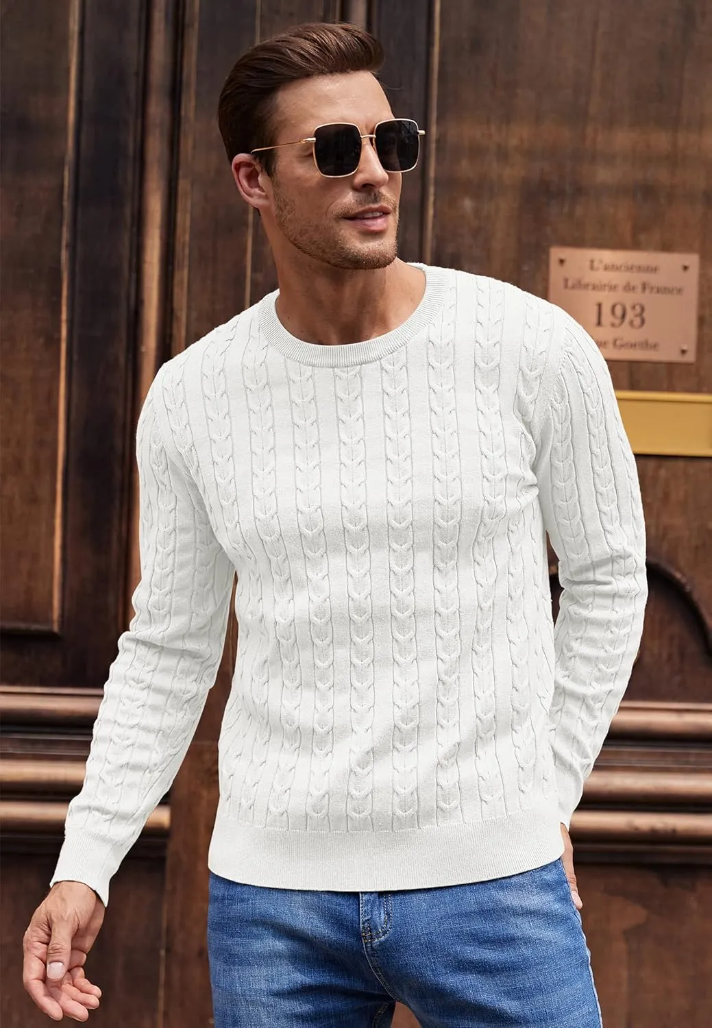 Aimeilgot Men's Casual Crewneck Cable Knit Sweater Long Sleeve Fashion Twist Patterned Pullover Sweater