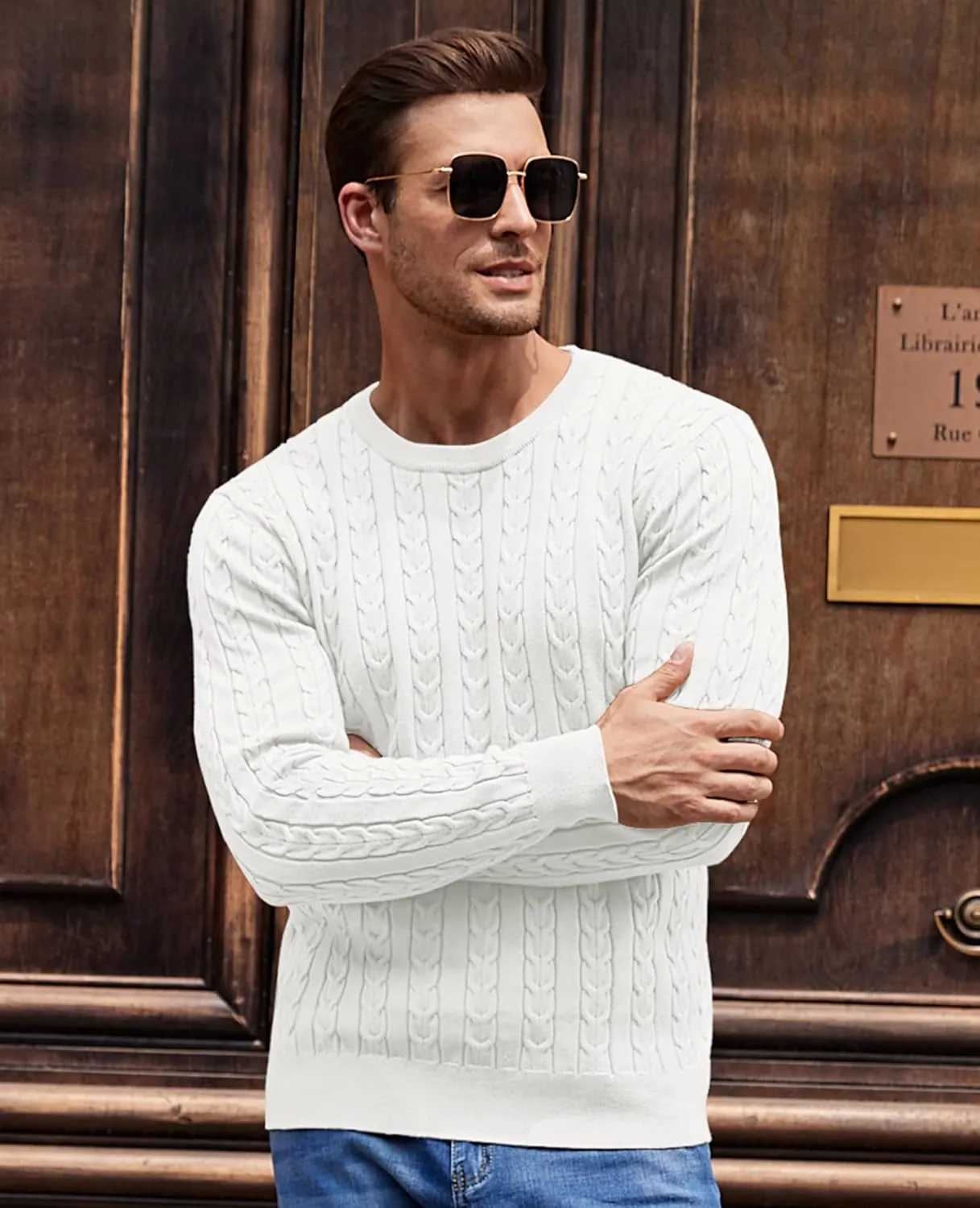 Aimeilgot Men's Casual Crewneck Cable Knit Sweater Long Sleeve Fashion Twist Patterned Pullover Sweater