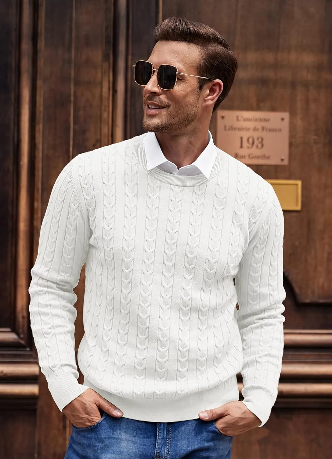 Aimeilgot Men's Casual Crewneck Cable Knit Sweater Long Sleeve Fashion Twist Patterned Pullover Sweater