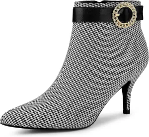 Allegra K Women's Buckle Plaid Stiletto Heels Houndstooth Ankle Boots