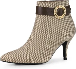 Allegra K Women's Buckle Plaid Stiletto Heels Houndstooth Ankle Boots