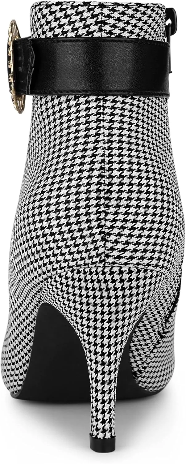Allegra K Women's Buckle Plaid Stiletto Heels Houndstooth Ankle Boots
