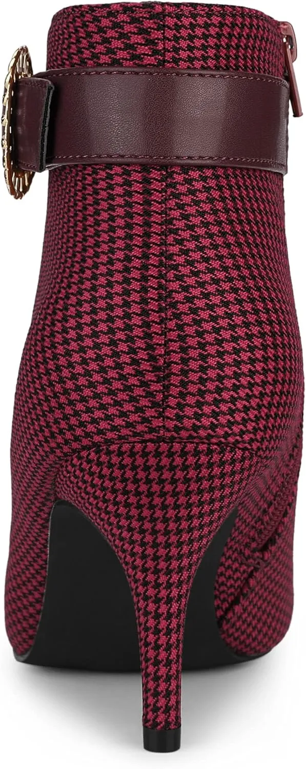 Allegra K Women's Buckle Plaid Stiletto Heels Houndstooth Ankle Boots
