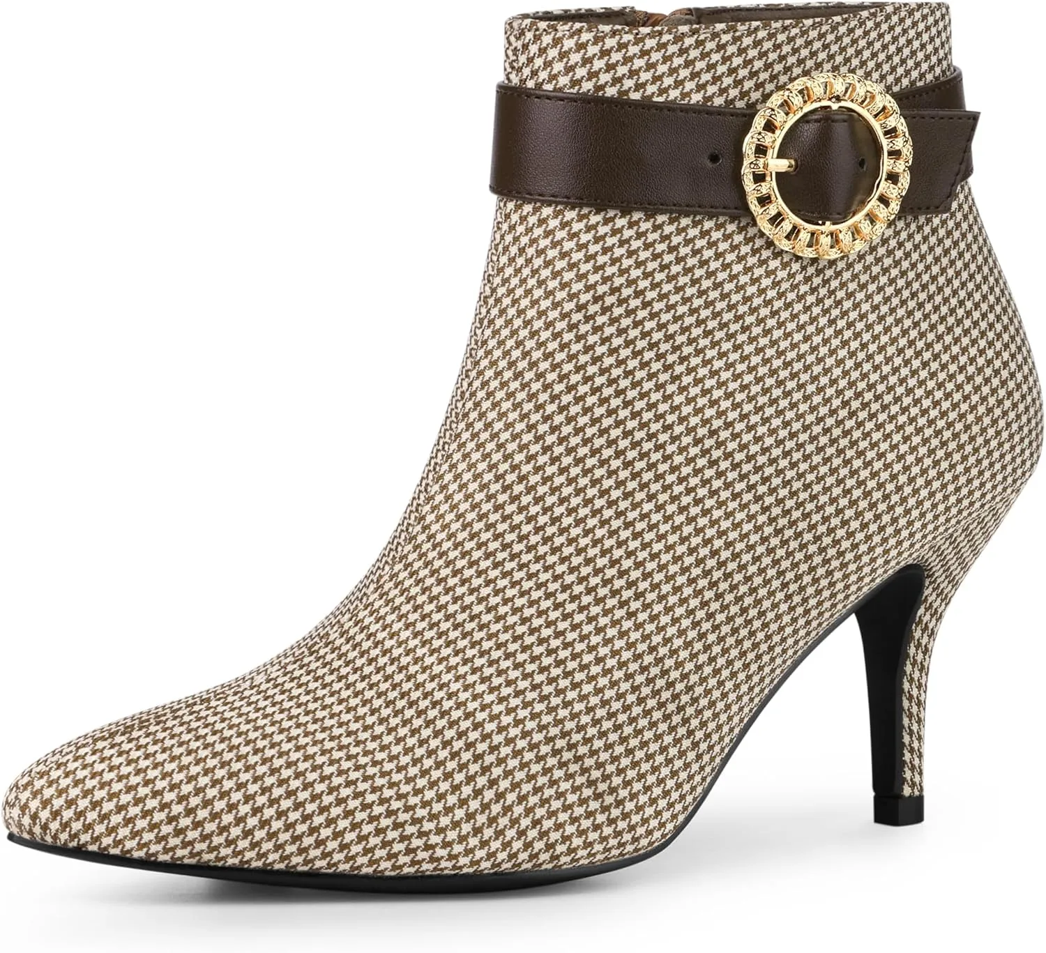 Allegra K Women's Buckle Plaid Stiletto Heels Houndstooth Ankle Boots