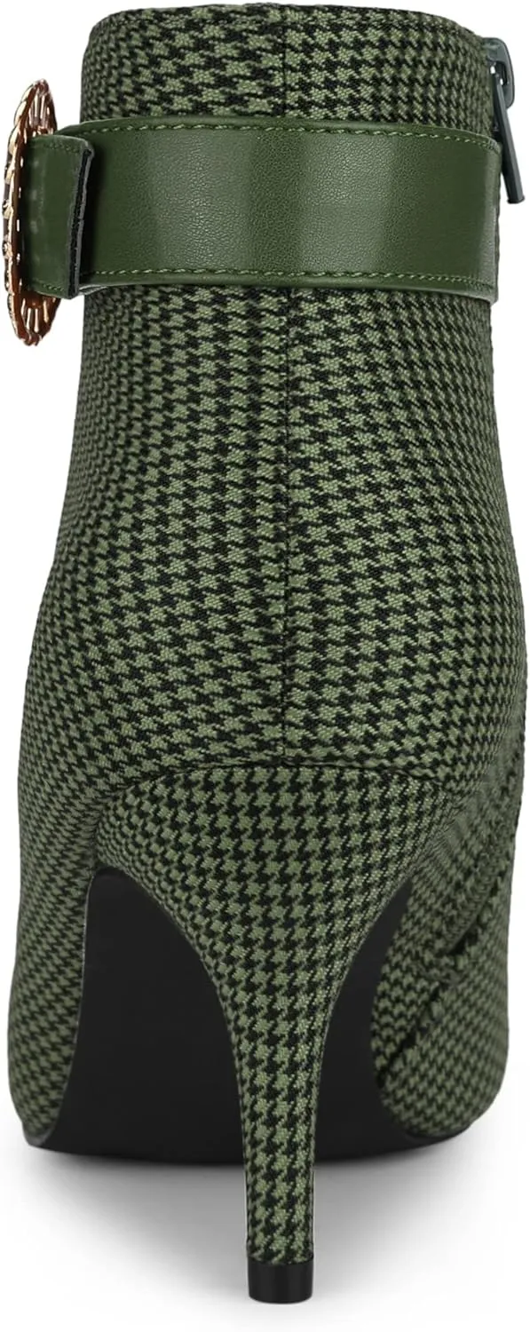 Allegra K Women's Buckle Plaid Stiletto Heels Houndstooth Ankle Boots