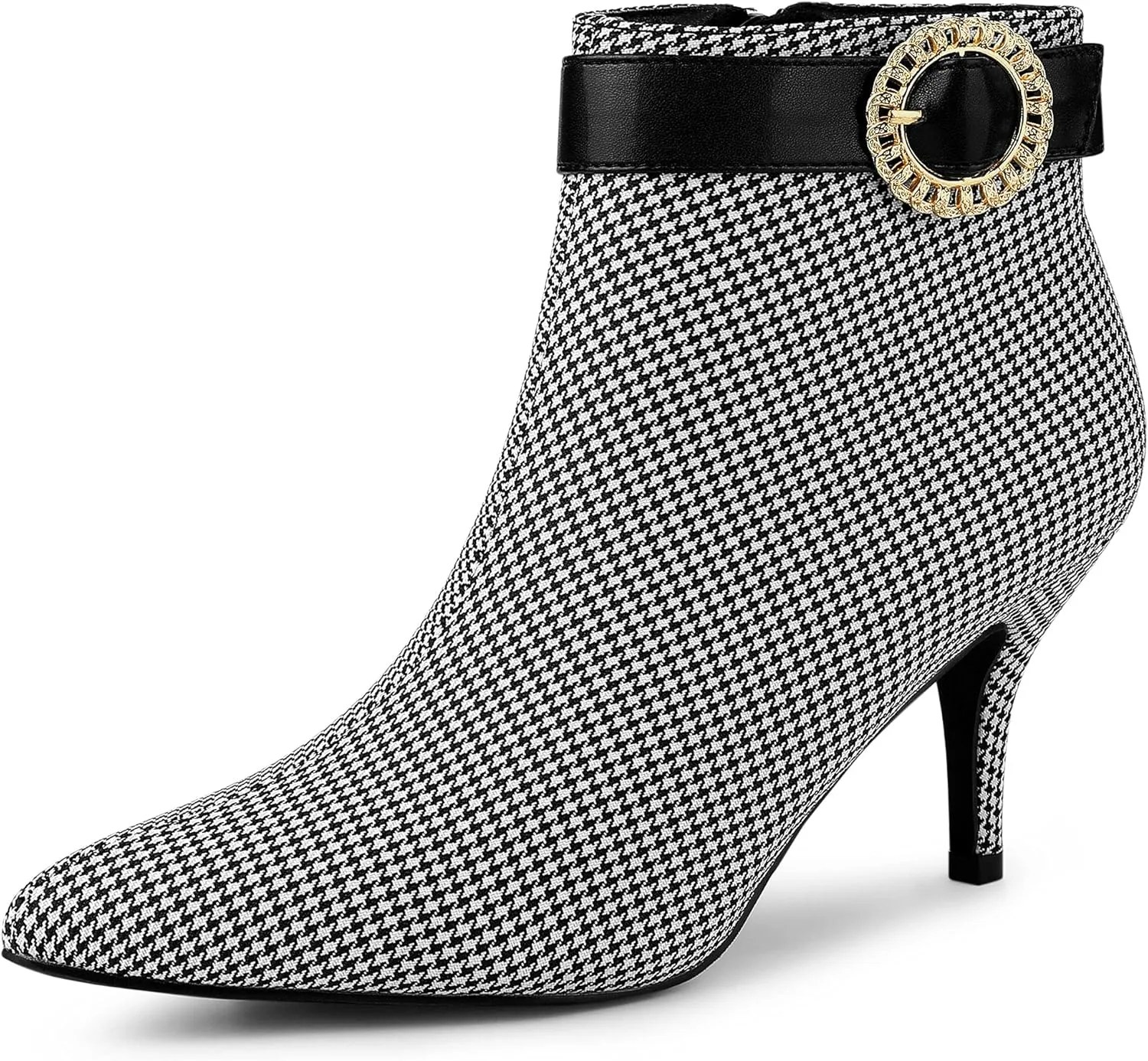 Allegra K Women's Buckle Plaid Stiletto Heels Houndstooth Ankle Boots