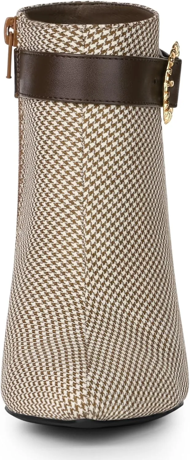 Allegra K Women's Buckle Plaid Stiletto Heels Houndstooth Ankle Boots