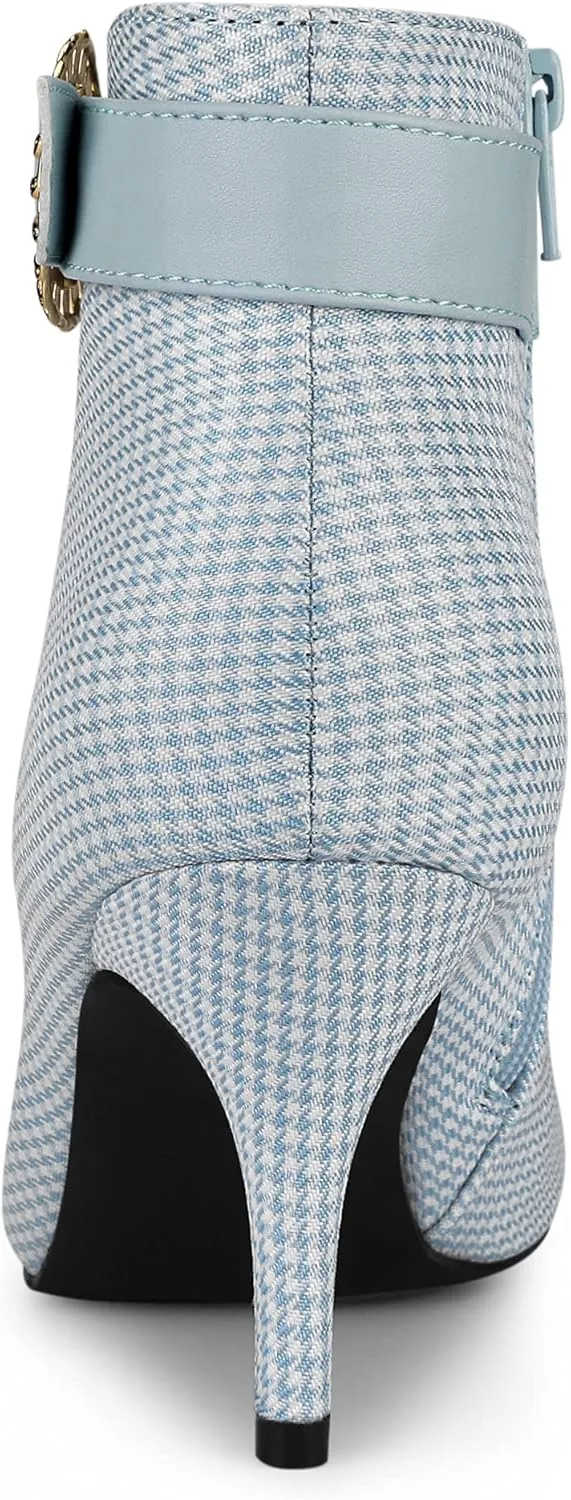 Allegra K Women's Buckle Plaid Stiletto Heels Houndstooth Ankle Boots