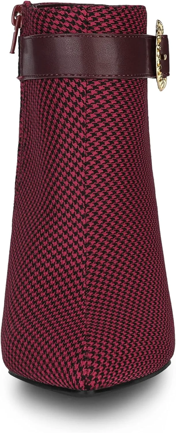 Allegra K Women's Buckle Plaid Stiletto Heels Houndstooth Ankle Boots