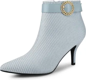 Allegra K Women's Buckle Plaid Stiletto Heels Houndstooth Ankle Boots