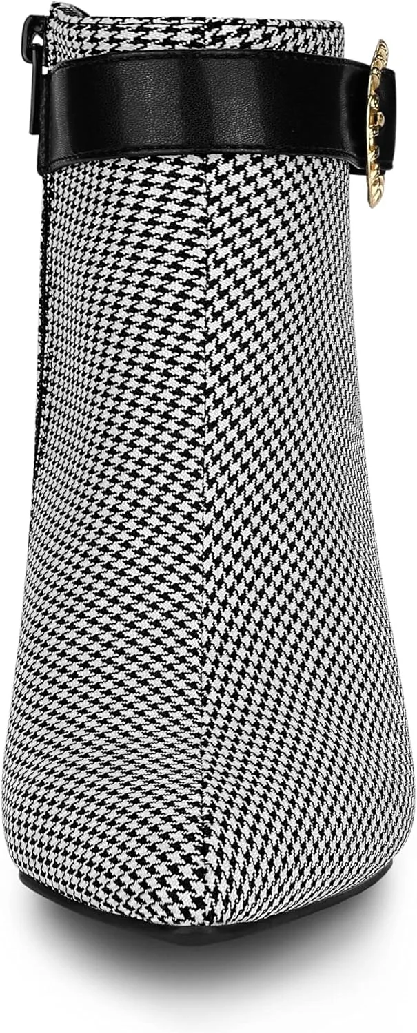 Allegra K Women's Buckle Plaid Stiletto Heels Houndstooth Ankle Boots