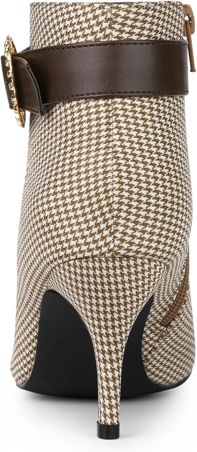 Allegra K Women's Buckle Plaid Stiletto Heels Houndstooth Ankle Boots