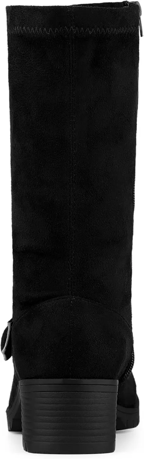 Allegra K Women's Mid Calf Boots Chunky Heels Patent Leather GO GO Boots