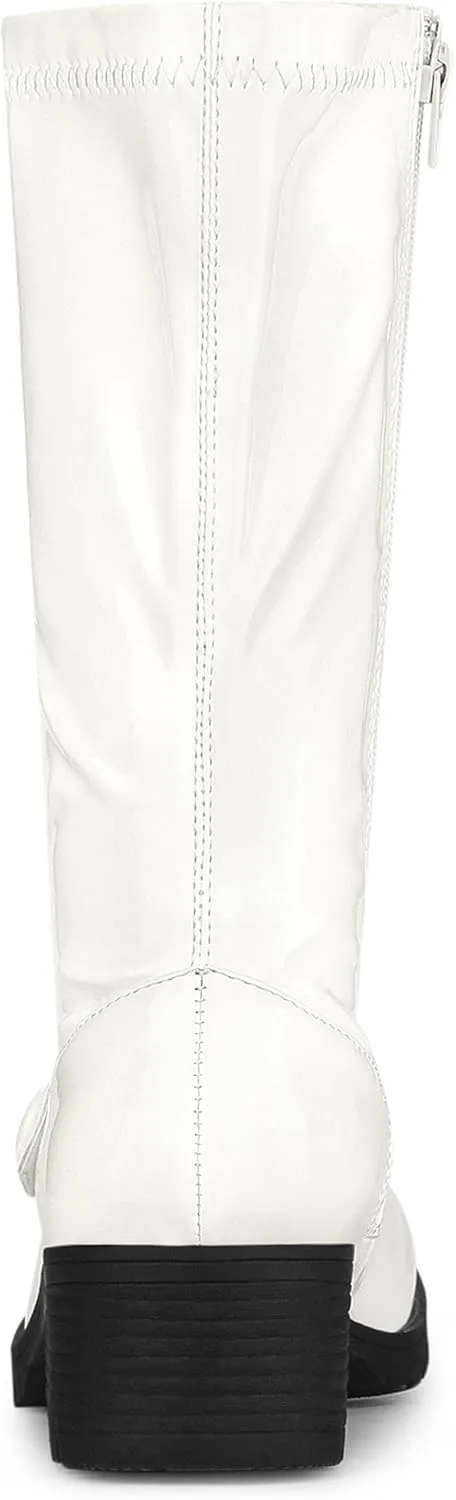Allegra K Women's Mid Calf Boots Chunky Heels Patent Leather GO GO Boots