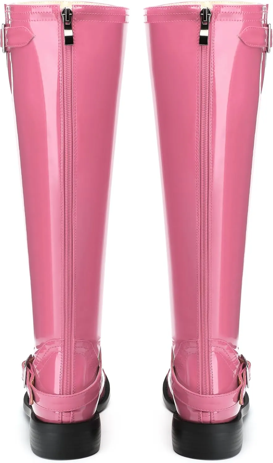 AMBELIGHT Flat Knee High Boots for Women Zipper Round Toe Patent Low Heel Wide Calf Long Boots Casual Fall Winter Tall Boots