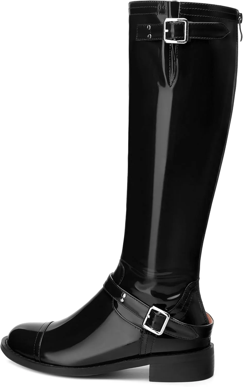 AMBELIGHT Flat Knee High Boots for Women Zipper Round Toe Patent Low Heel Wide Calf Long Boots Casual Fall Winter Tall Boots