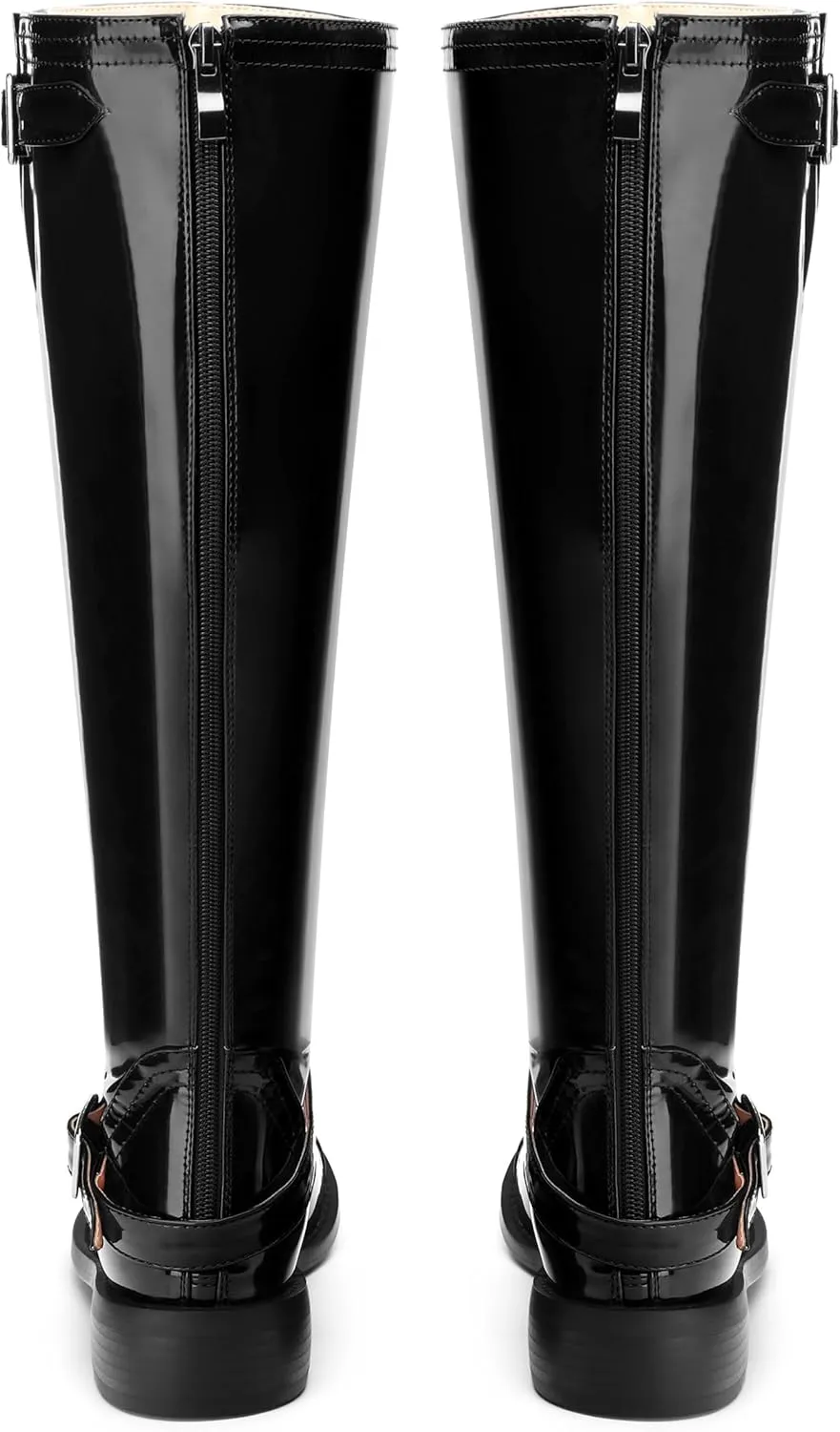 AMBELIGHT Flat Knee High Boots for Women Zipper Round Toe Patent Low Heel Wide Calf Long Boots Casual Fall Winter Tall Boots