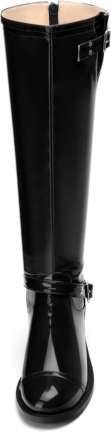AMBELIGHT Flat Knee High Boots for Women Zipper Round Toe Patent Low Heel Wide Calf Long Boots Casual Fall Winter Tall Boots