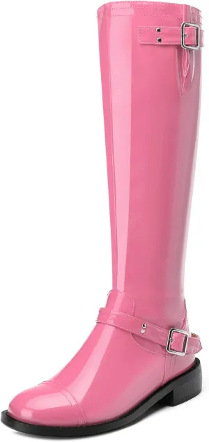 AMBELIGHT Flat Knee High Boots for Women Zipper Round Toe Patent Low Heel Wide Calf Long Boots Casual Fall Winter Tall Boots