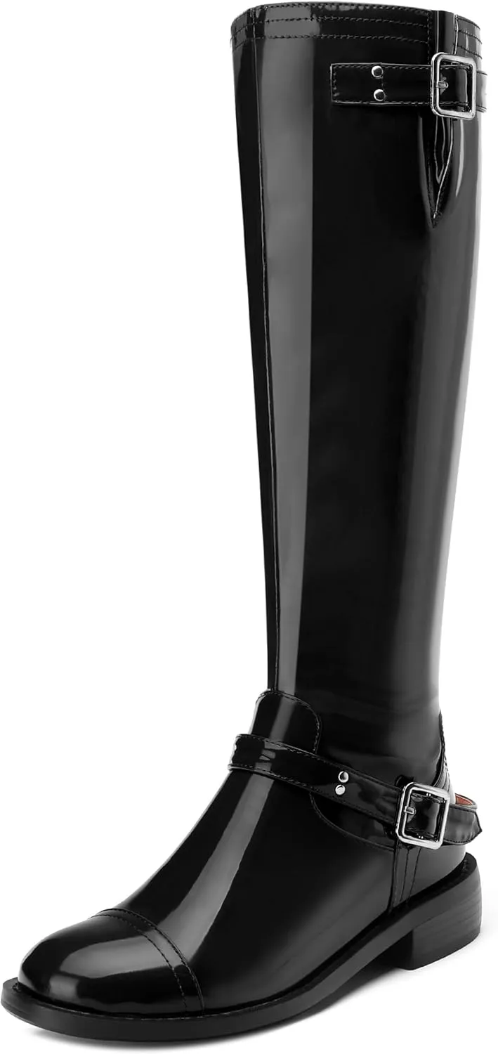 AMBELIGHT Flat Knee High Boots for Women Zipper Round Toe Patent Low Heel Wide Calf Long Boots Casual Fall Winter Tall Boots