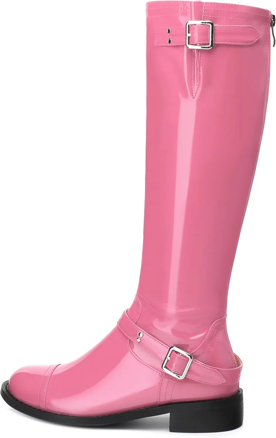 AMBELIGHT Flat Knee High Boots for Women Zipper Round Toe Patent Low Heel Wide Calf Long Boots Casual Fall Winter Tall Boots