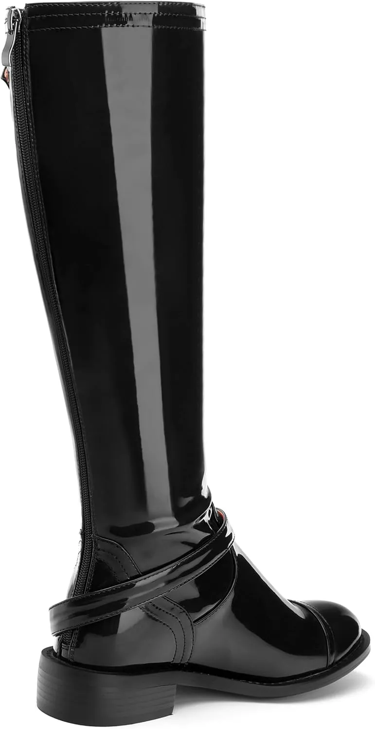 AMBELIGHT Flat Knee High Boots for Women Zipper Round Toe Patent Low Heel Wide Calf Long Boots Casual Fall Winter Tall Boots