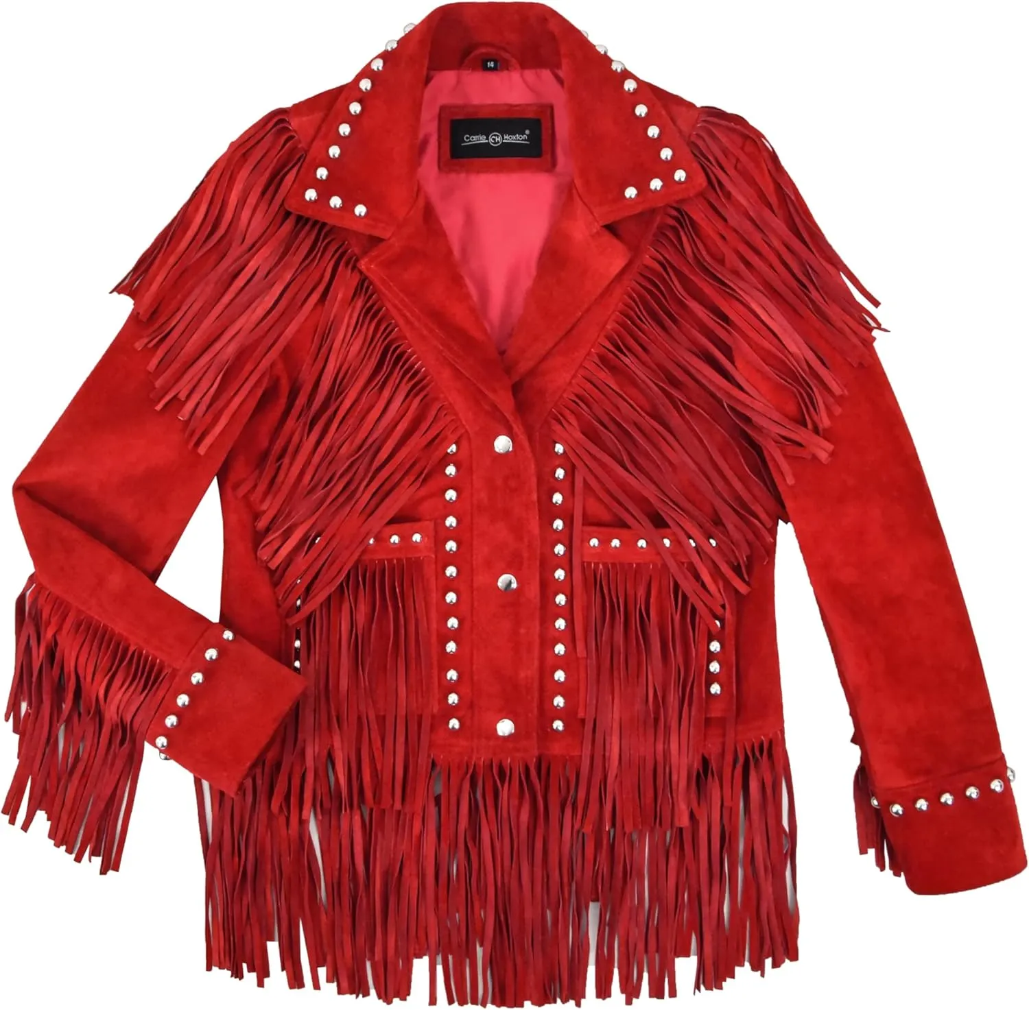 American Women's Western Long Fringes Studded Cow Suede Classic Leather Jacket 8771