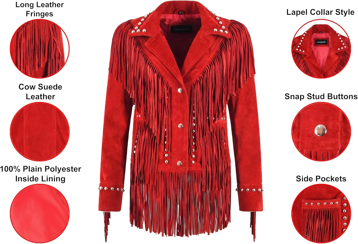 American Women's Western Long Fringes Studded Cow Suede Classic Leather Jacket 8771