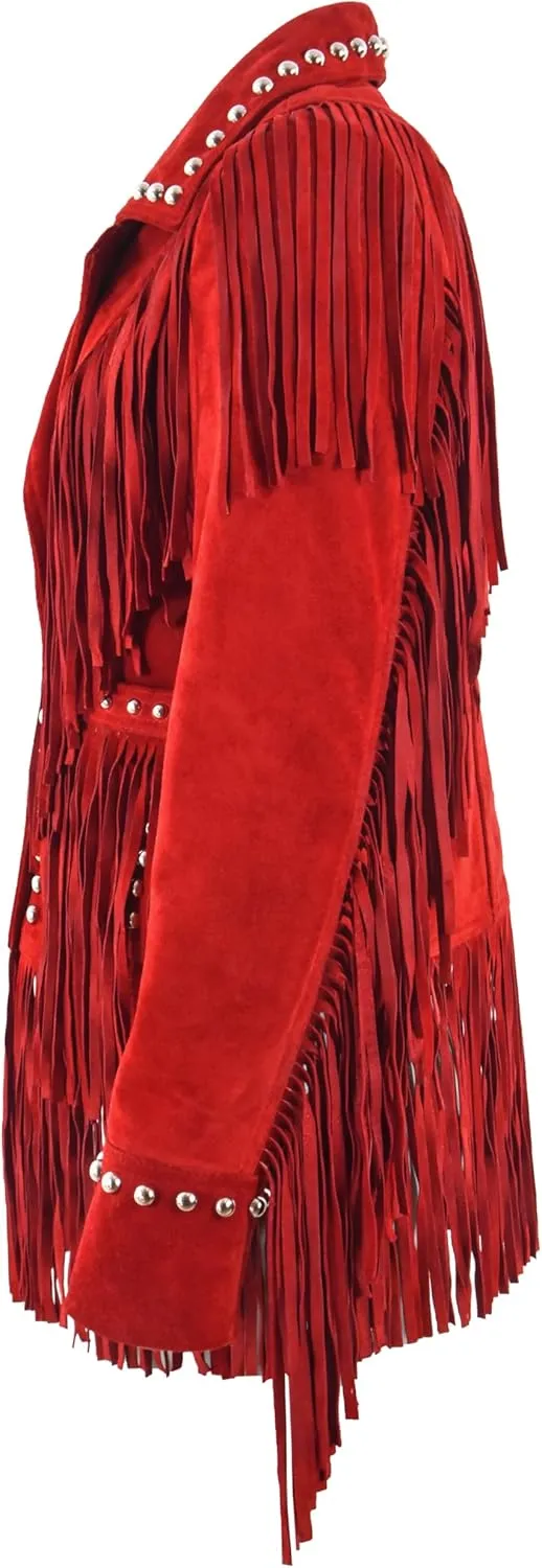 American Women's Western Long Fringes Studded Cow Suede Classic Leather Jacket 8771