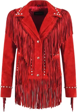 American Women's Western Long Fringes Studded Cow Suede Classic Leather Jacket 8771